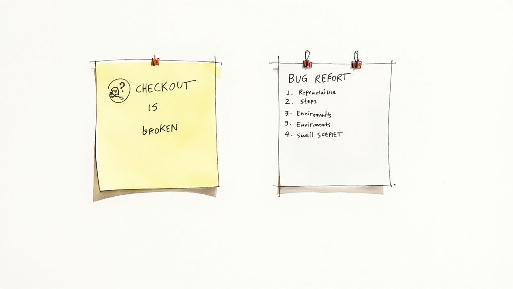 Two notes pinned to wall showing checkout broken bug and bug report template list