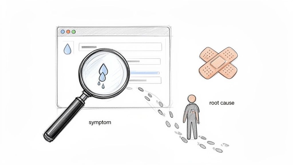 An illustration shows a magnifying glass examining a symptom, with footprints leading to a root cause, beside band-aids.