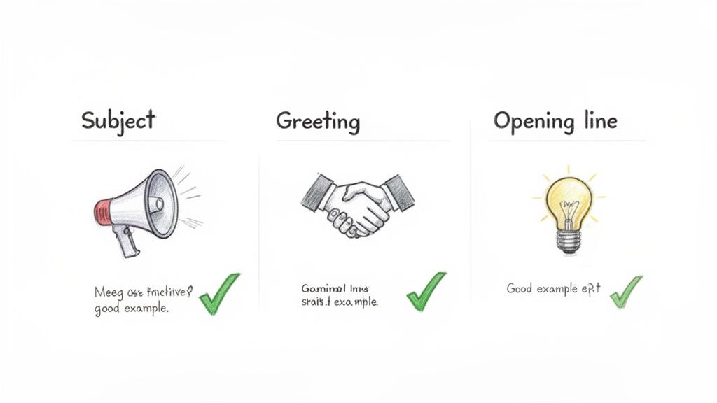 Three columns illustrating good examples for email components: subject, greeting, and opening line with icons.