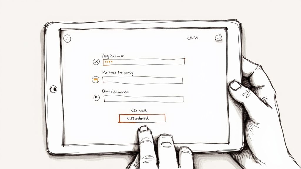 A hand interacts with a tablet showing a sketch-style customer lifetime value (CLV) calculator interface.