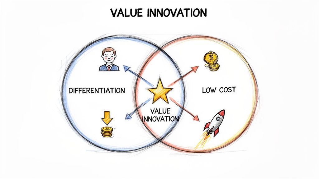 Infographic illustrating value innovation where differentiation and low cost strategies overlap for business growth.