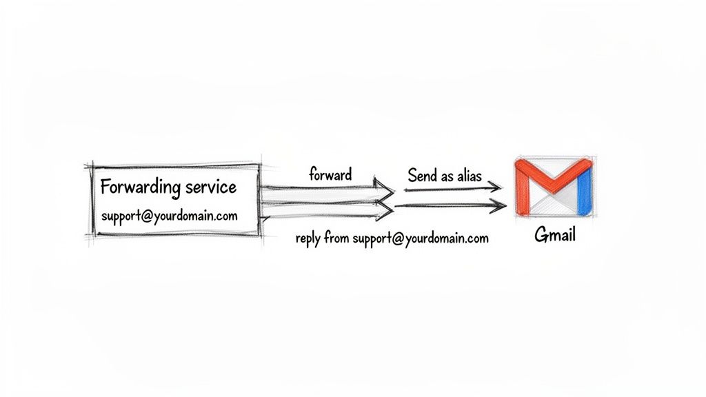 Diagram illustrating email forwarding from a custom domain service to Gmail and sending as an alias.