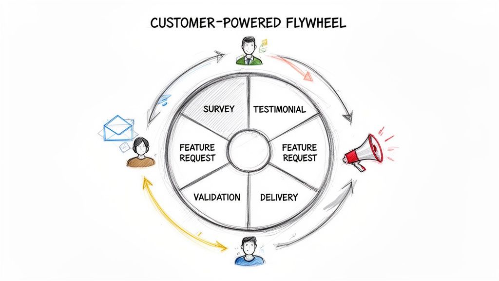 A diagram of a customer-powered flywheel illustrating a continuous cycle of feedback and product development.
