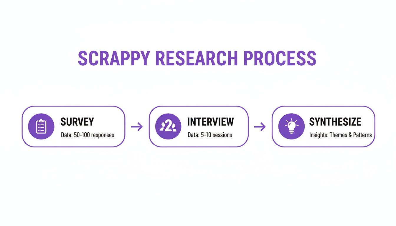 A diagram outlining the 'Scrappy Research Process' with steps: Survey, Interview, and Synthesize.