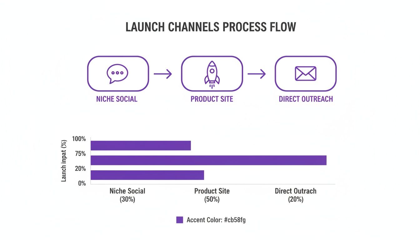 A launch channels process flow with a bar chart displaying input percentages for social, site, and outreach.
