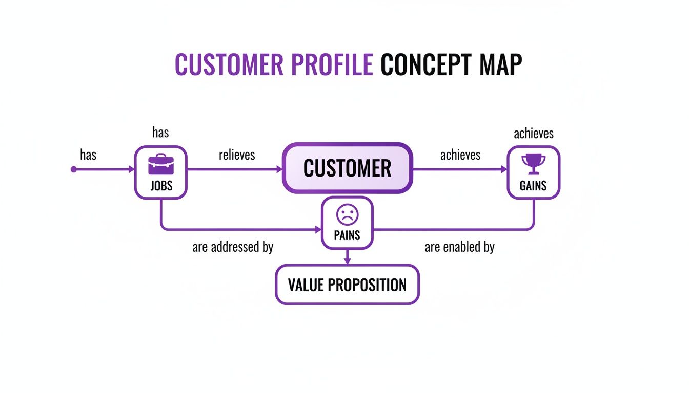 A customer profile concept map illustrating the relationship between customer, jobs, pains, gains, and value proposition.