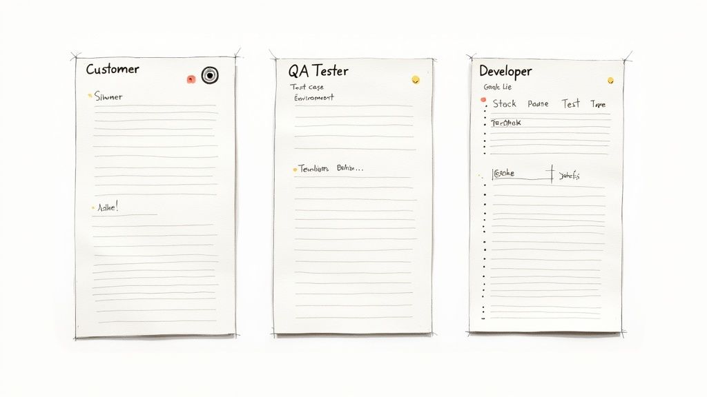 Three hand-drawn paper sheets illustrating customer, QA tester, and developer perspectives on bug reporting.