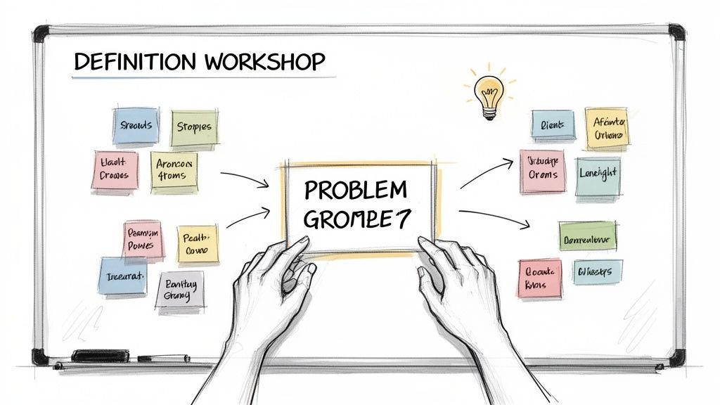 Hands holding a 'Problem Grompe?' box on a whiteboard, surrounded by sticky notes and a lightbulb for ideas.