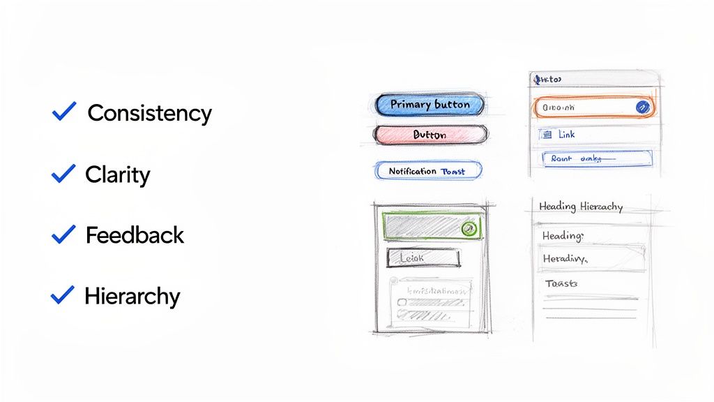 Hand-drawn UI/UX design principles like consistency, clarity, feedback, hierarchy, alongside sketches of buttons, input fields, and heading hierarchy.
