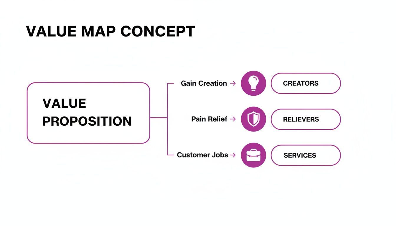 Diagram illustrating the Value Map Concept, connecting Value Proposition to Gain Creation (Creators), Pain Relief (Relievers), and Customer Jobs (Services).