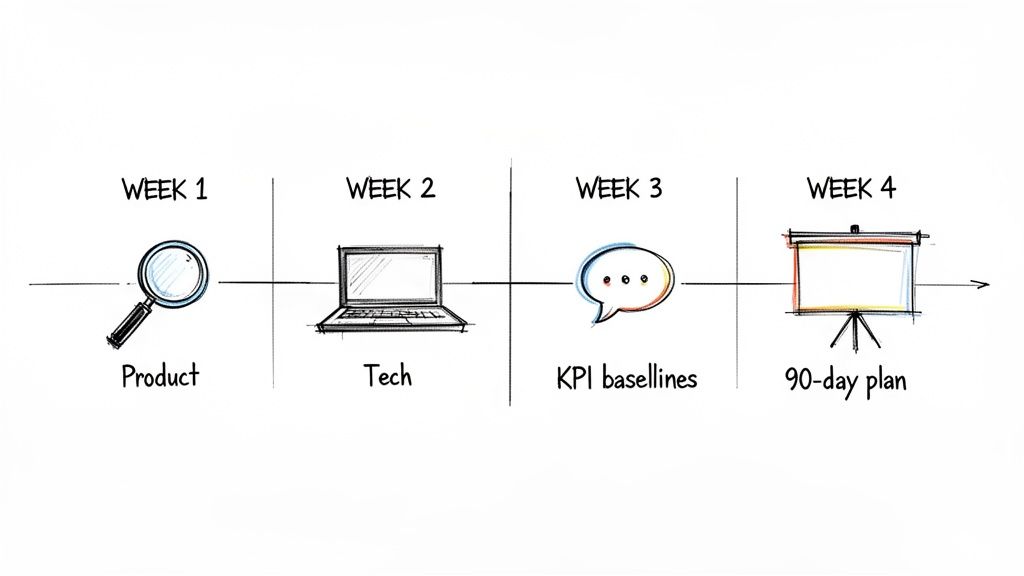 Hand-drawn timeline outlining a four-week plan: Product, Tech, KPI baselines, and 90-day strategy.