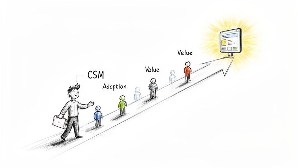 A Customer Success Manager guides customers through a journey of adoption and value towards digital success.