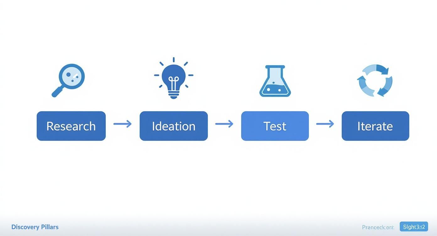 Four-stage product discovery process diagram showing research, ideation, test, and iterate phases with icons