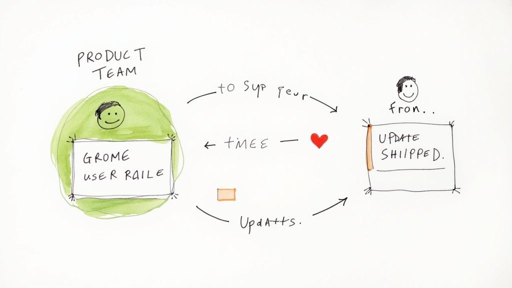 A person smiling while typing on a laptop, representing positive user communication.