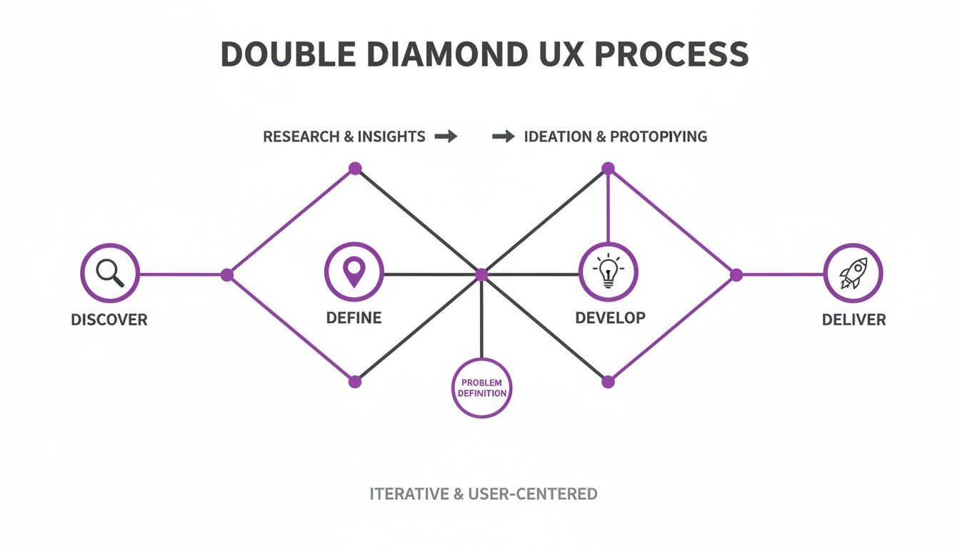 Double Diamond UX process diagram illustrating Discover, Define, Develop, Deliver stages with Research, Ideation, and Problem Definition.