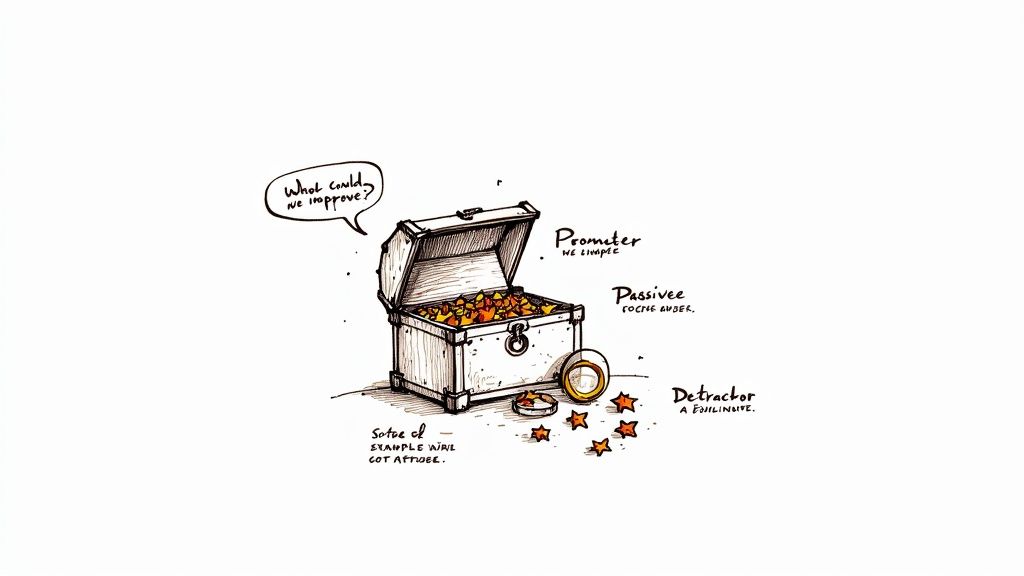 Hand-drawn illustration of an open treasure chest filled with stars, representing NPS concepts and feedback.