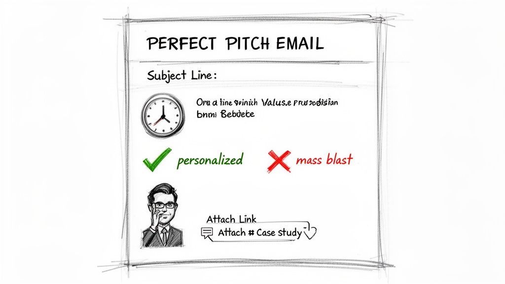 A sketch illustrating a perfect pitch email, highlighting personalization over mass blasts and including links/case studies.