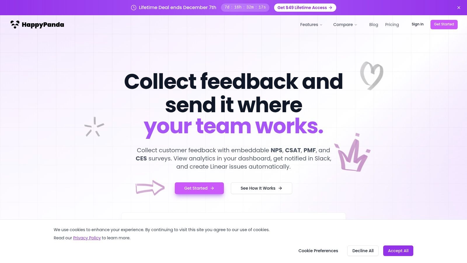 A screenshot of the HappyPanda dashboard showing survey results and trend analysis.