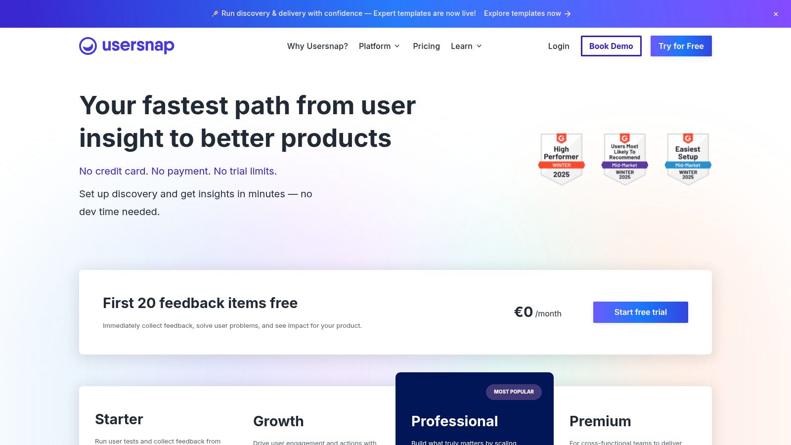 Usersnap dashboard showing feedback management and analytics