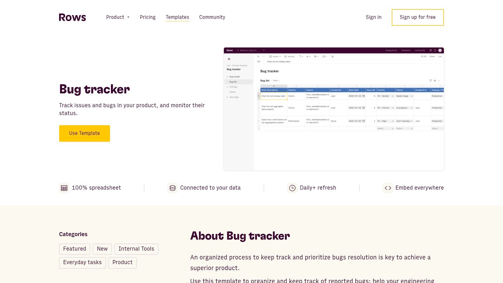 Rows (Bug Tracker spreadsheet template)