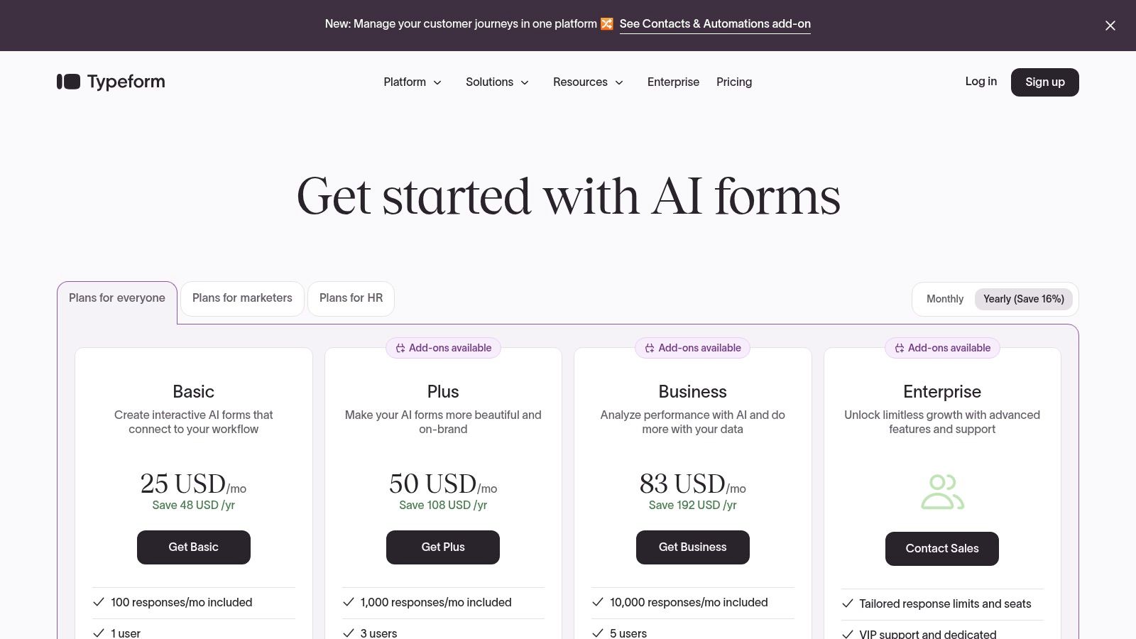 Typeform pricing plans showing different tiers and features