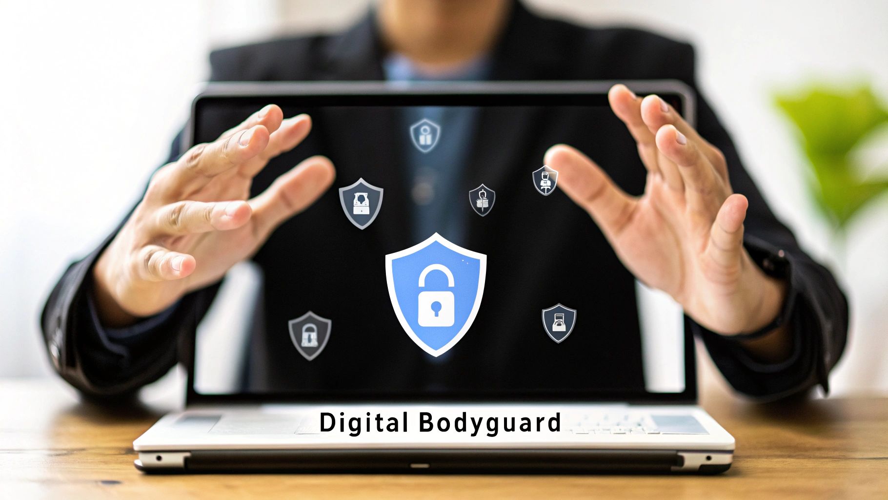 A magnifying glass inspects a digital code interface, highlighting key antivirus features.