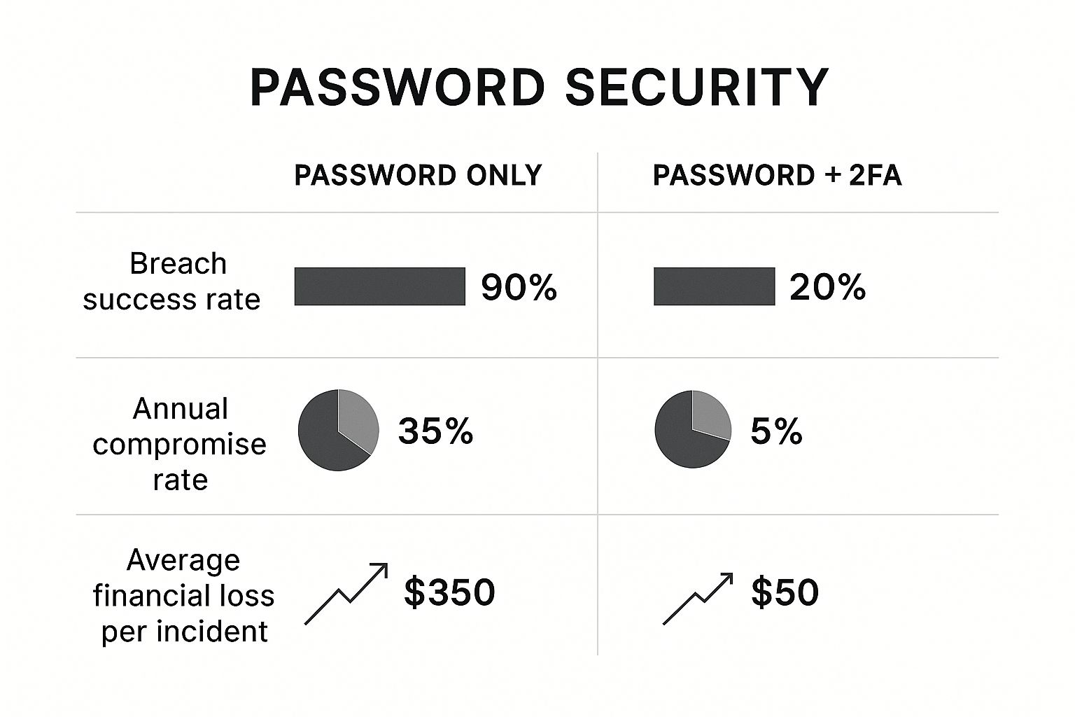 Infographic comparing the security of accounts with 'Password Only' versus 'Password + 2FA', showing lower breach rates and financial loss with 2FA.