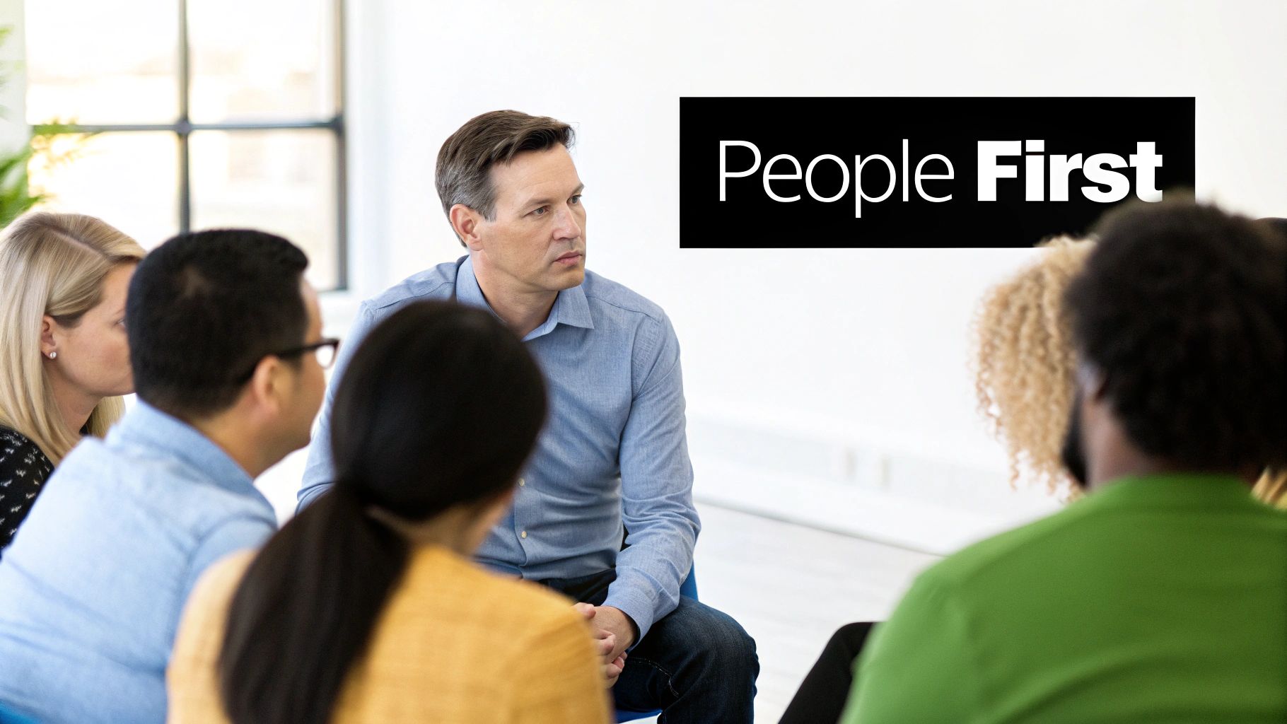 A diverse group of employees engaged in a collaborative discussion, highlighting the importance of people in organisational change.