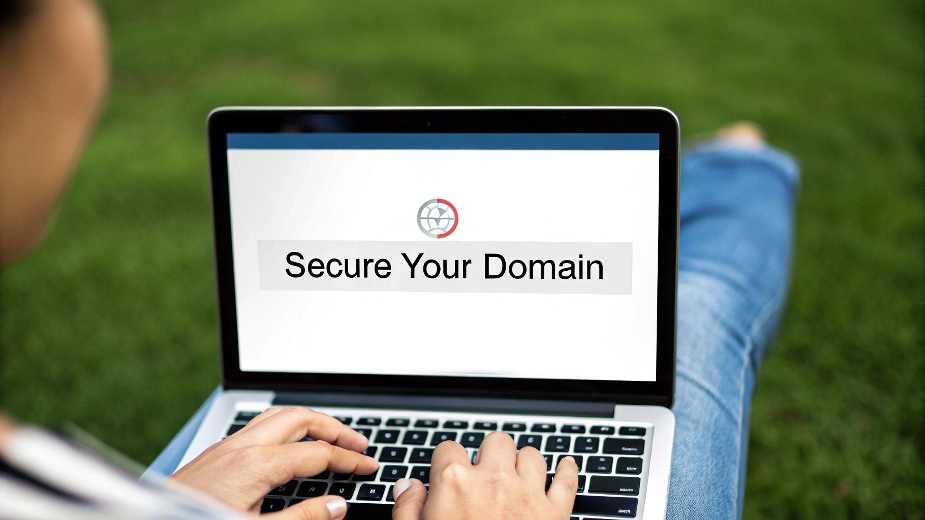 A person pointing at a computer screen showing domain name and web hosting options.