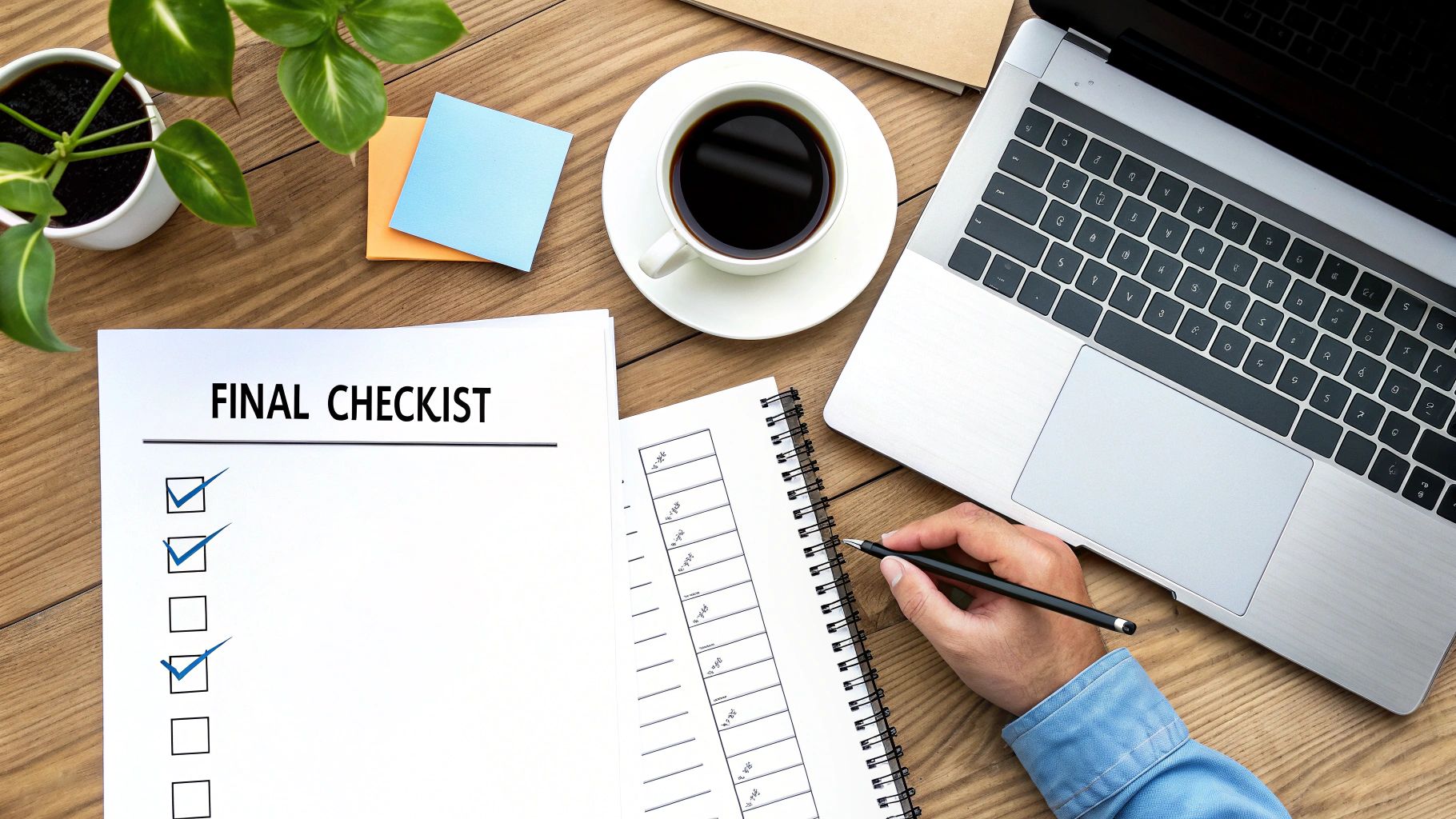 A person ticking off items on a digital checklist on a tablet, with website elements in the background.