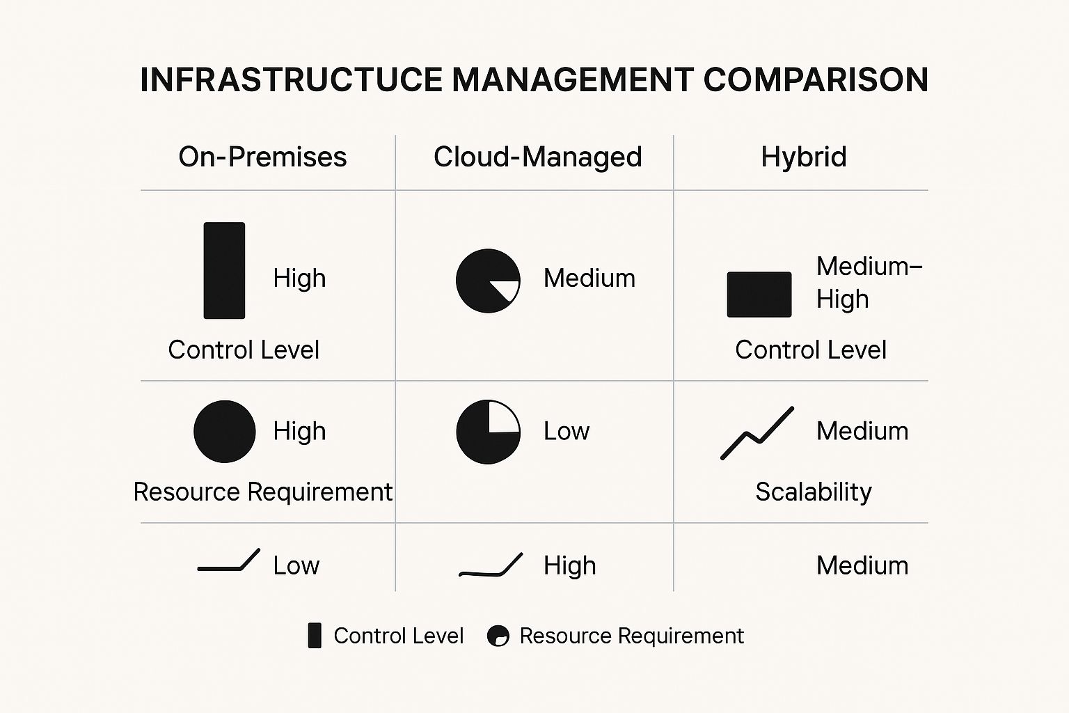 Infographic comparing On-Premises, Cloud-Managed, and Hybrid endpoint protection models based on control level, resource requirement, and scalability.
