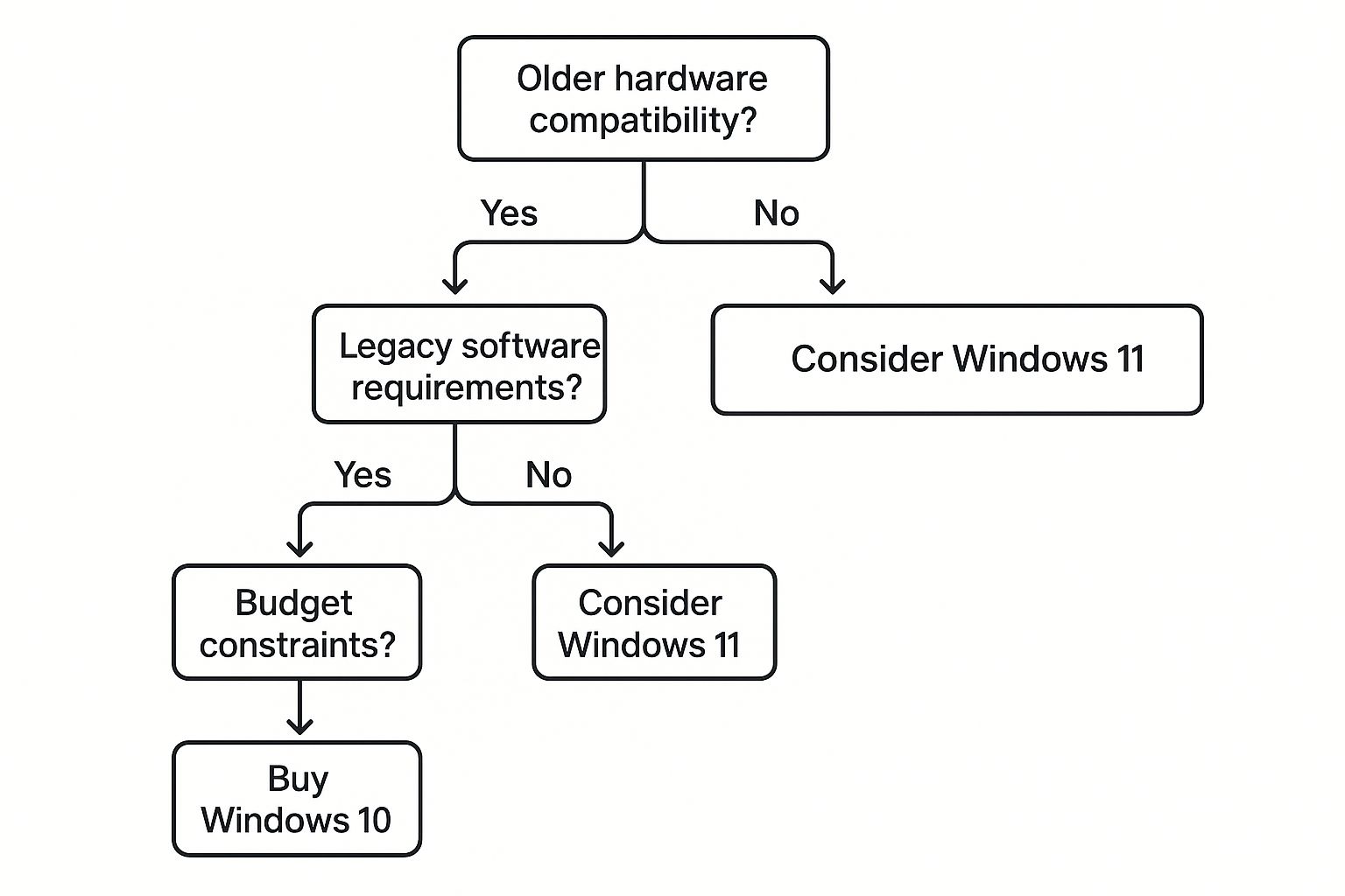 Infographic decision tree for choosing between Windows 10 and Windows 11 based on hardware, software, and budget.