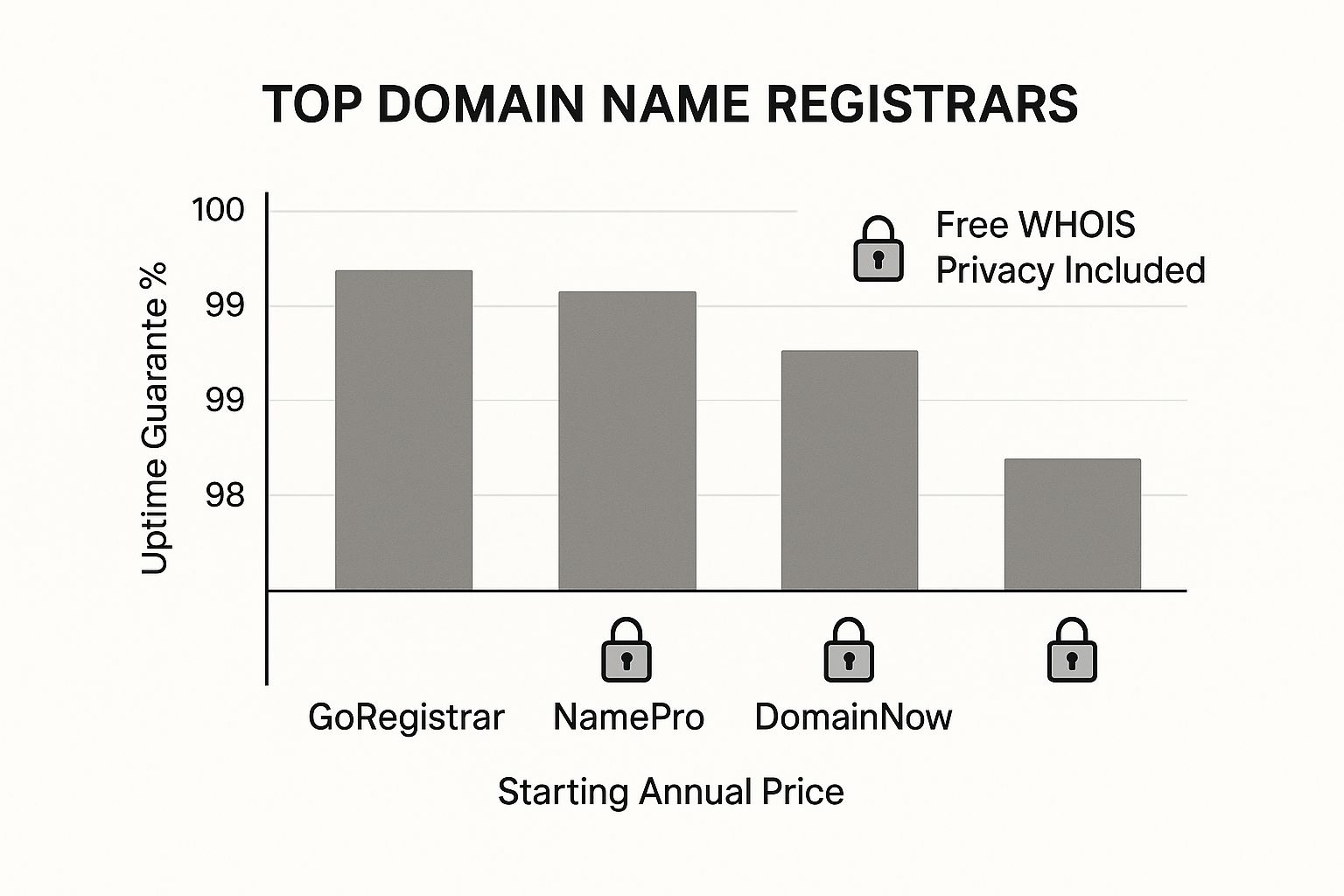 Infographic comparing key metrics of domain name registrars GoRegistrar, NamePro, and DomainNow.