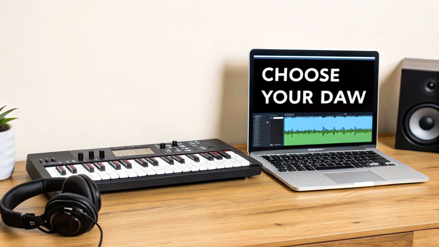 A music producer working on a laptop with MIDI keyboard in a home studio