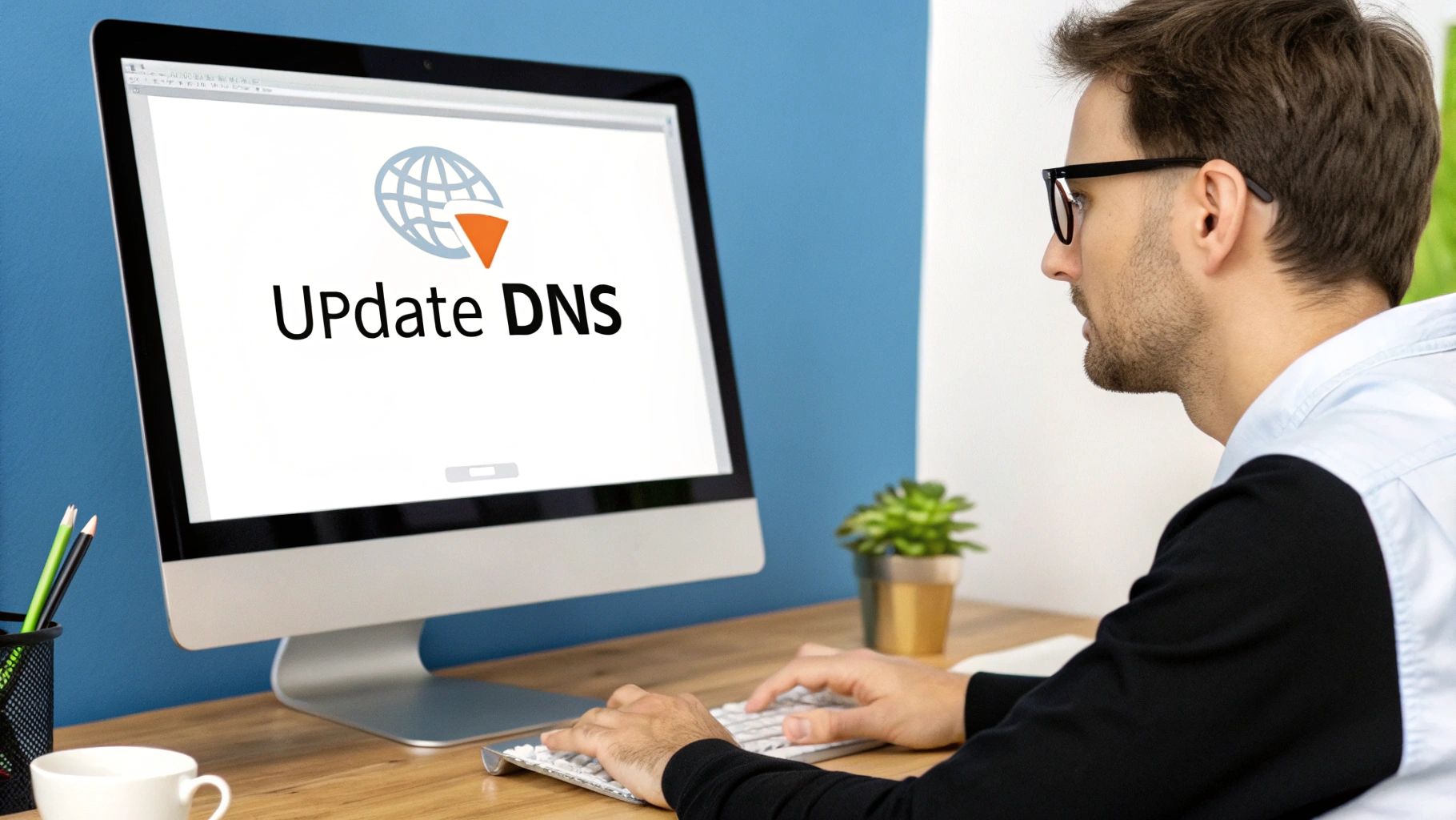 A person looking at a screen with a large question mark on it, surrounded by smaller icons related to domains and websites.