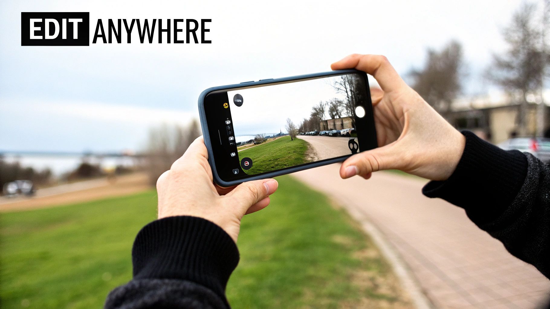 A person's hands holding a smartphone, editing a bright, colourful photo of a landscape.