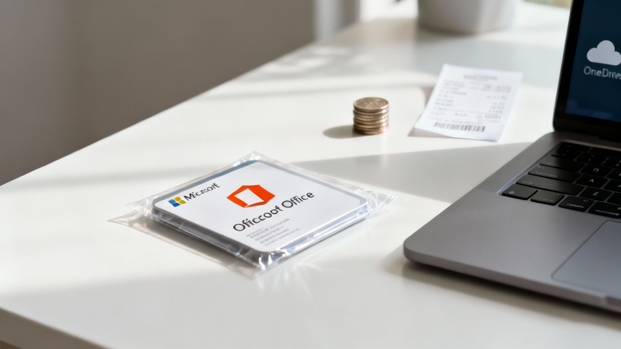 A person working on a laptop with Microsoft Office icons overlaid.