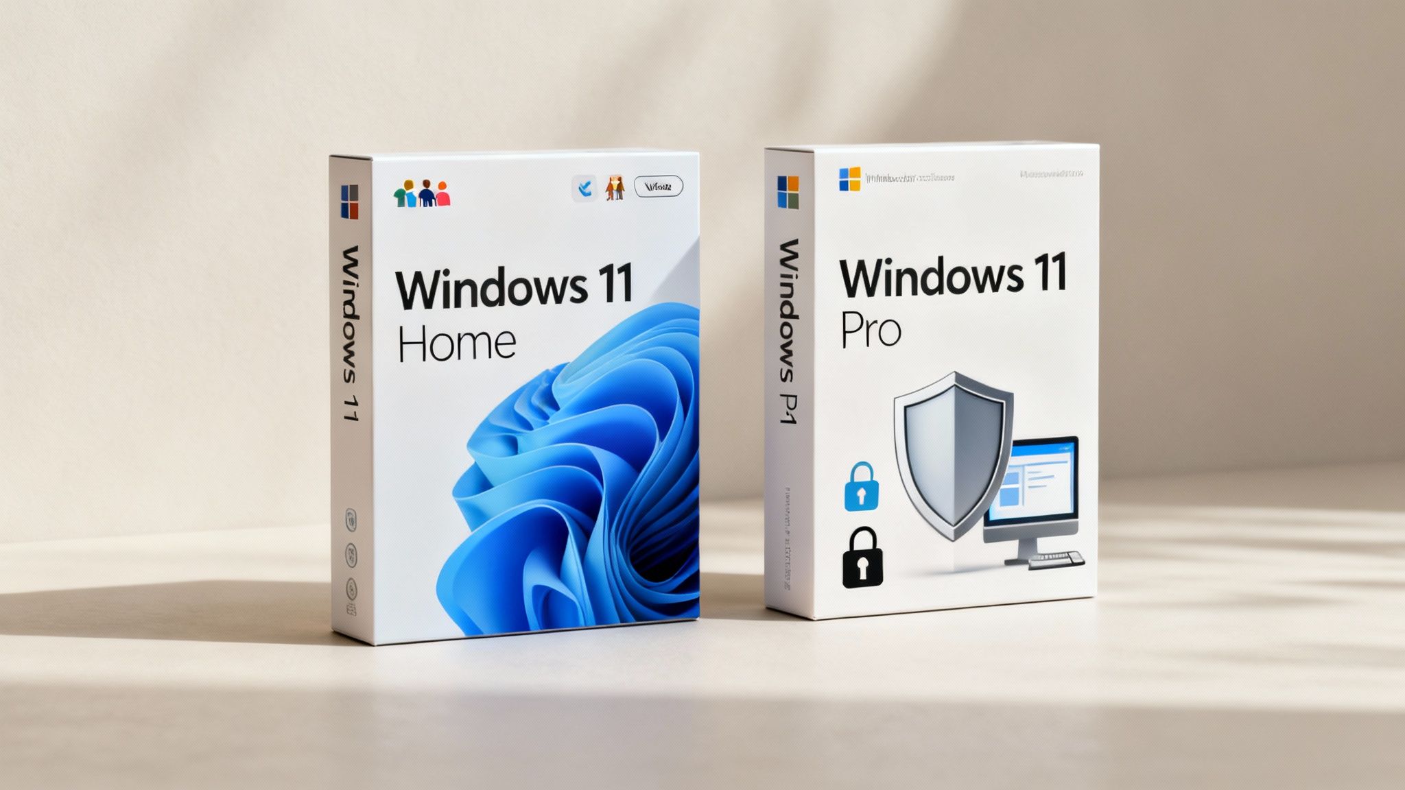 A side-by-side comparison of the Windows 11 Home and Pro logos on a dark background.