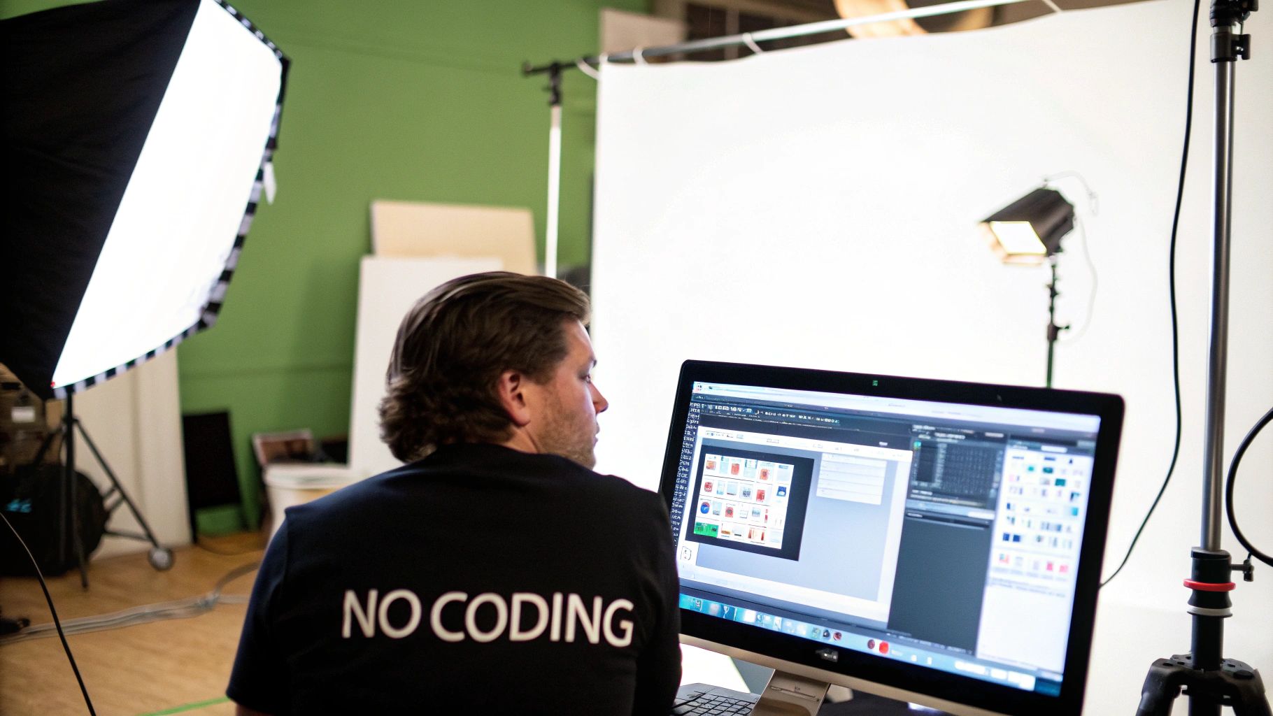 A person designing a website on a laptop using a drag-and-drop interface.