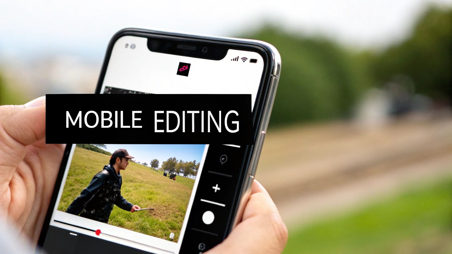 A person editing video on their smartphone in a modern, casual setting.
