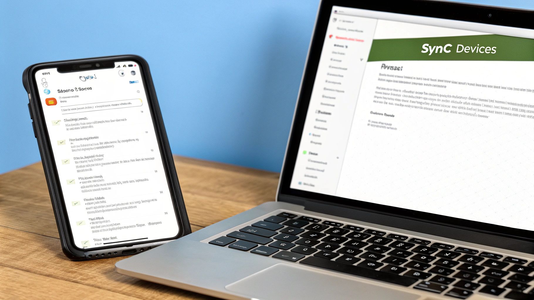 A person connecting their new business email account on a smartphone and laptop.