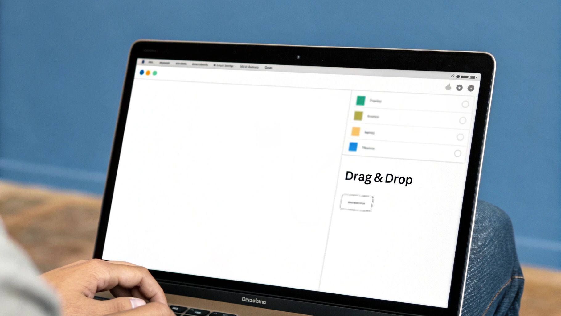 A person using a drag and drop interface to build a website on a laptop.