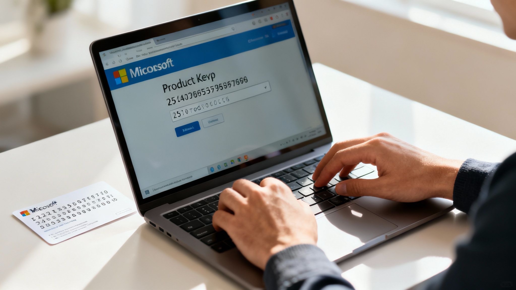 A person entering a product key on the official Microsoft activation website.