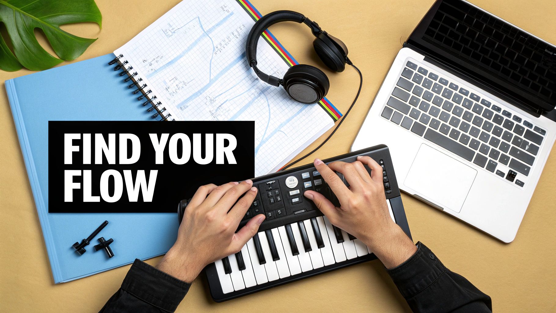 A person using music production software on a laptop with colourful lighting in the background.