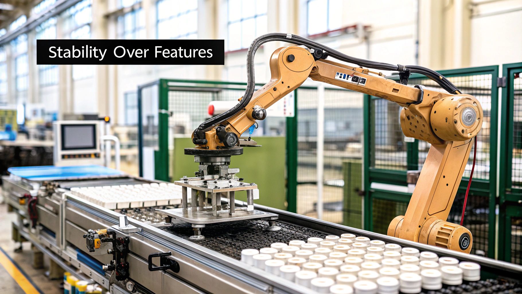 A factory floor with robotic arms assembling products, controlled by nearby computer terminals.