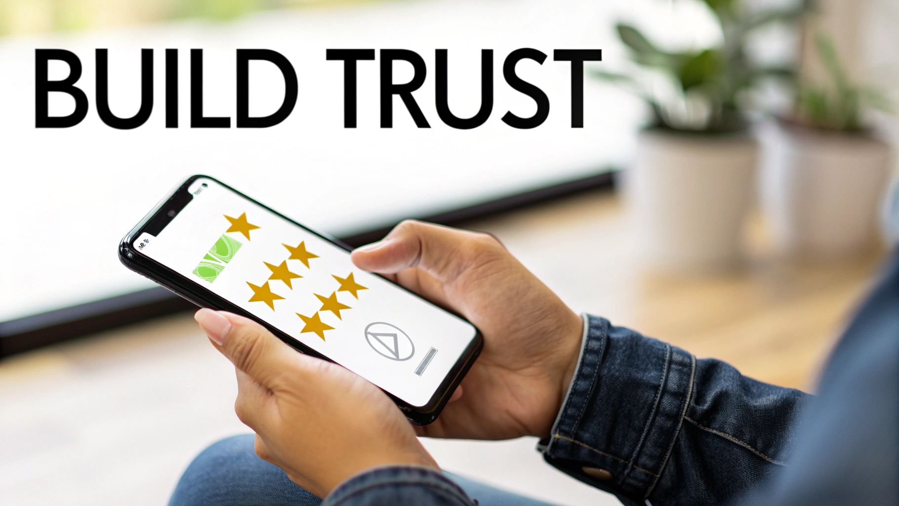 A person leaving a five-star review on a smartphone, with a business's online profile visible.