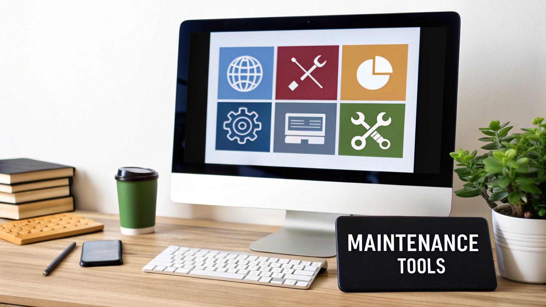A selection of digital tool icons for security, speed, and analytics arranged neatly on a screen, representing a web maintenance toolkit.