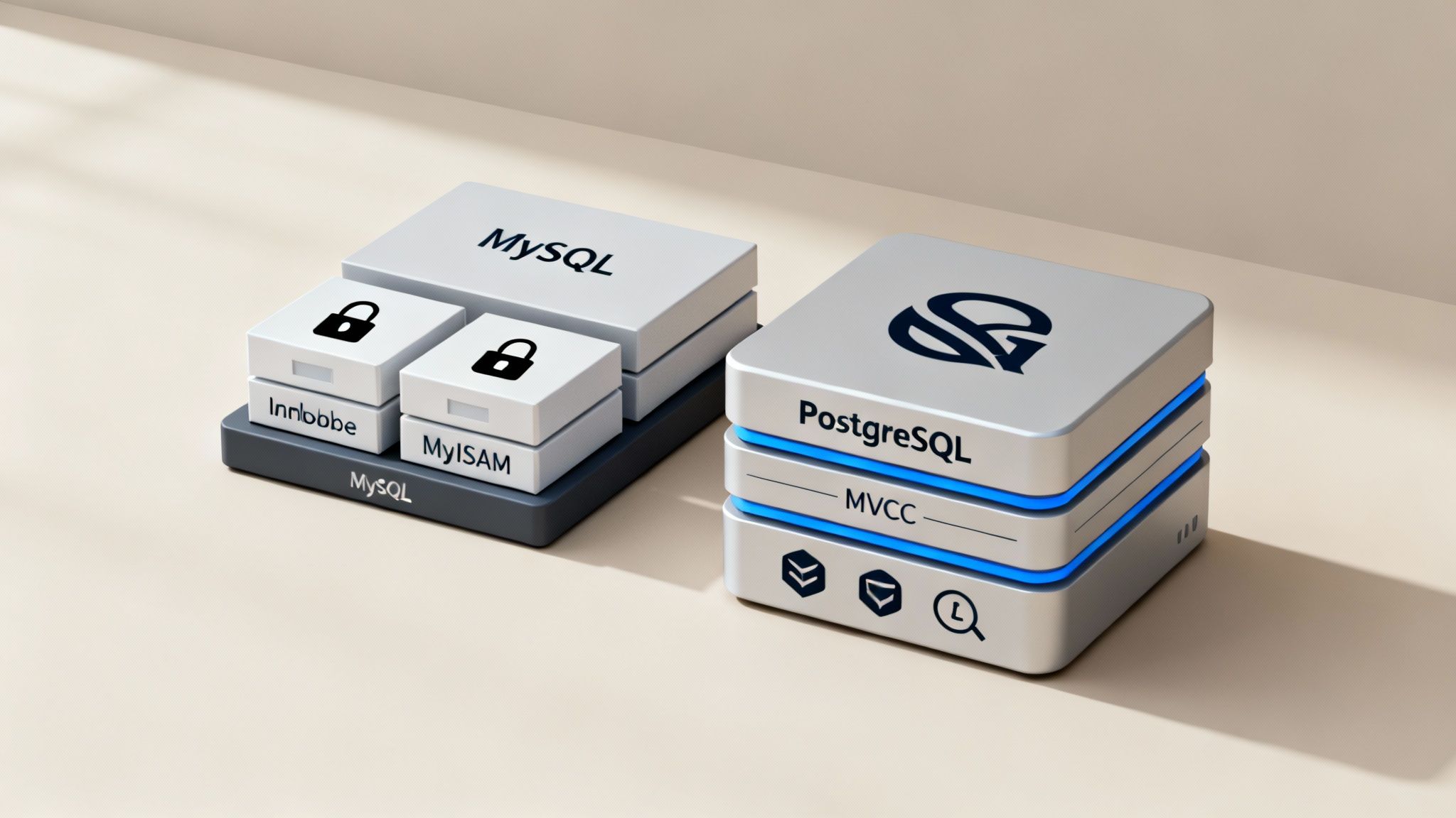 Two database servers representing MySQL vs PostgreSQL architectural differences