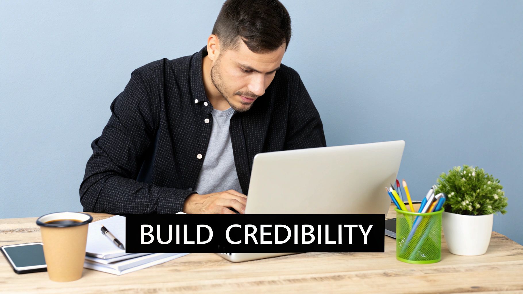 A professional working at a laptop, representing the credibility of a custom domain and email address.