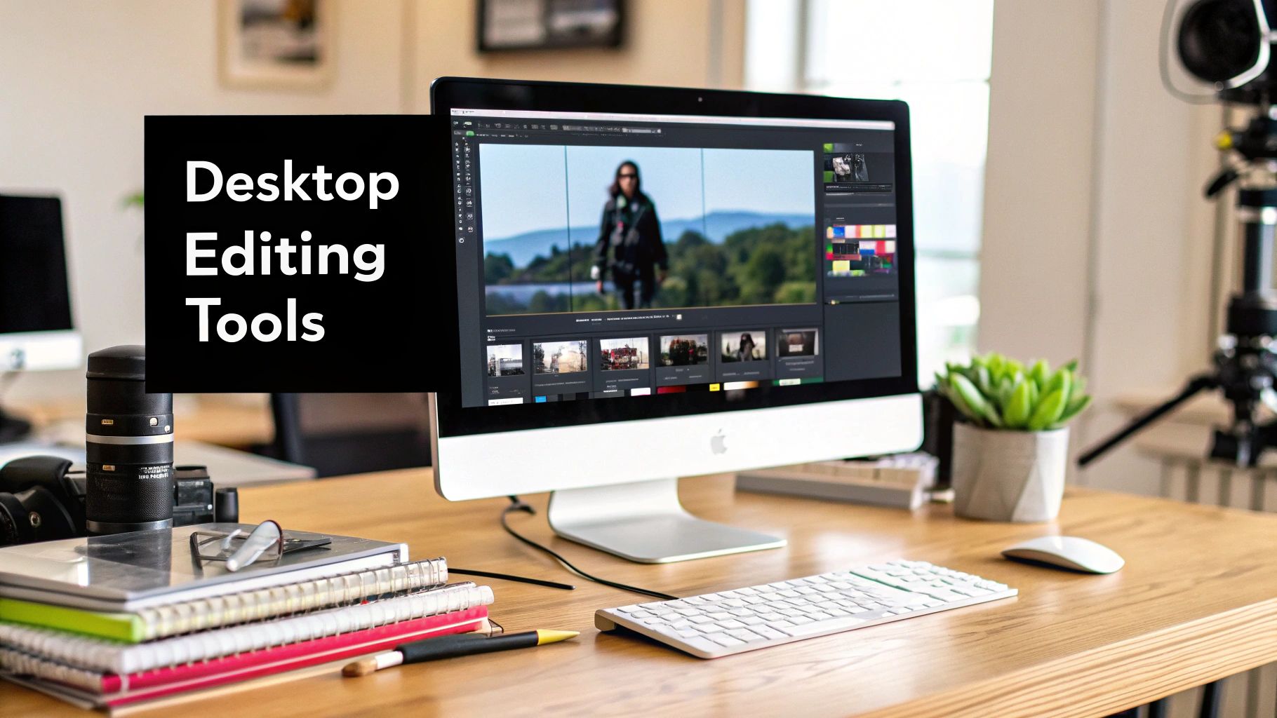 A person editing a video on a desktop computer with multiple monitors.